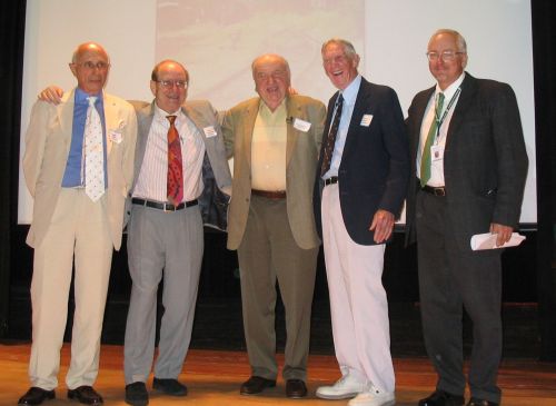 First Reunion, Hudson Falls High School, Fall, 2007. Dr. Peter Lantos, Dr. Micha Tomkiewicz, Fred Spiegel, Carrol "Red" Walsh, Matthew Rozell. Greg McDowell photo.