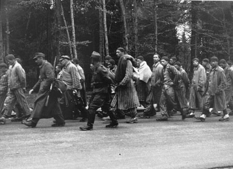 Prisoners on a death march from Dachau move towards the south along the Noerdliche Muenchner street in Gruenwald. German civilians secretly photographed several death marches from the Dachau concentration camp as the prisoners moved slowly through the Bavarian towns of Gruenwald, Wolfratshausen, and Herbertshausen. Few civilians gave aid to the prisoners on the death marches. Germany, April 29, 1945.  — KZ Gedenkstaette Dachau. USHMM