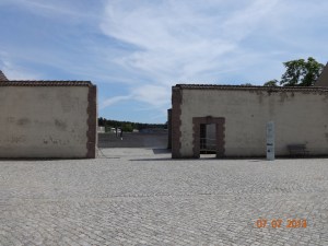 Ravensbruck. Prisoners' gate on left, SS on right.