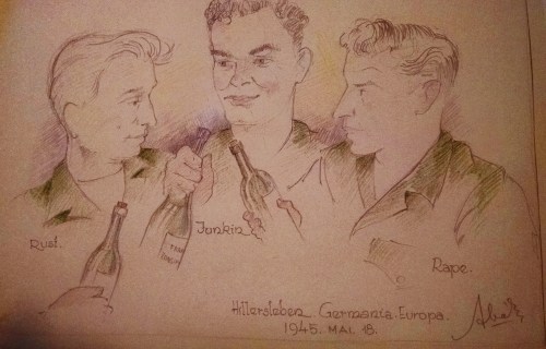 Raymond D. Rape of Zelienople, PA ; Grafton D Junkin of Kennedy, Alabama ; Donald W Rust of Kansas City KS. Hillersleben DP Camp, May 1945. Source: Chriss Brown, granddaughter of Don Rust.