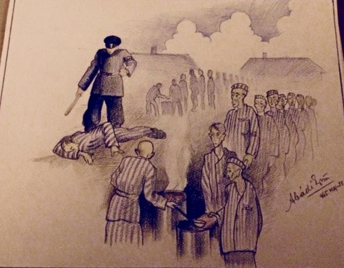 A kapo inflicts a beating at Bergen-Belsen. Ervin Abadi. Completed at Hillersleben DP camp, May, 1945. Soldier Monroe Williams collection.