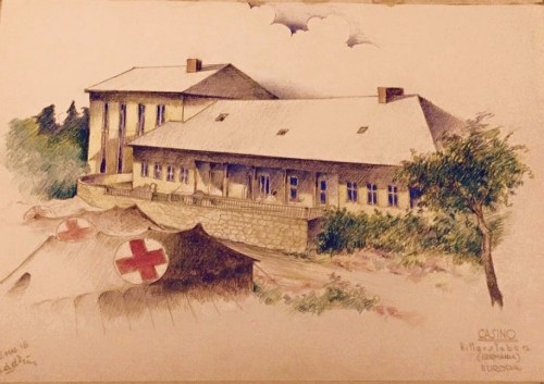 The 'casino' at Hillersleben. Ervin Abadi. Completed at Hillersleben DP camp, May, 1945. Soldier Monroe Williams collection. Note Red Cross tents in foreground. May have served as temporary morgue station.