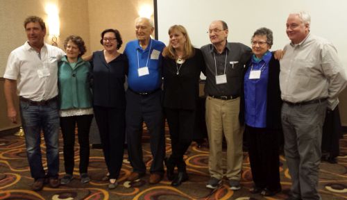 L-R: Peggy Wonder, 2nd G; Evelyn Markus, 2nd G; Frank Towers, liberator; Orly Beigel, 2nd G; Micha Tomkeiwicz, Elisabeth Seaman. Missing: Marc Boyman, 2nd G; George Somjen.