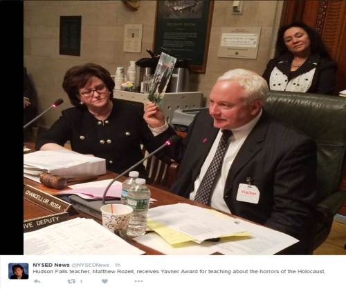 Commisioner Elia's (L) tweet. Chancellor Rosa, asked me to sit in her chair and address the Regents at their meeting, May 17. 2016.